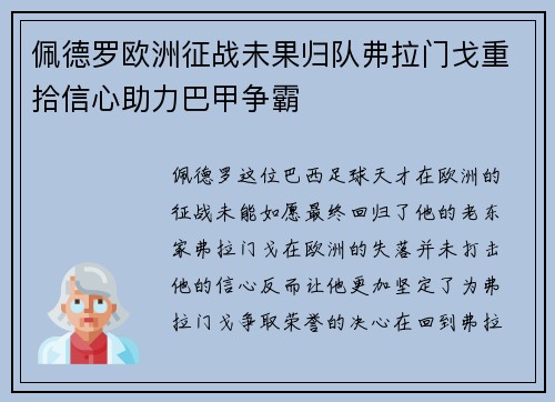 佩德罗欧洲征战未果归队弗拉门戈重拾信心助力巴甲争霸 佩德罗欧洲征战未果归队弗拉门戈重拾信心助力巴甲争霸